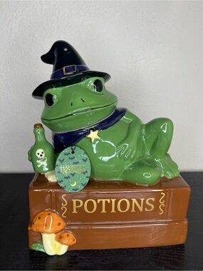NEW 11” Haunted Halloween Wizard Frog on Potions Books Ceramic Cookie Jar